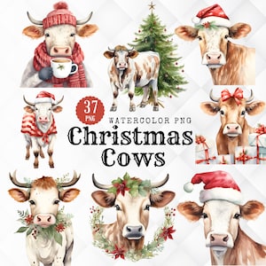 Watercolor Christmas Cows Clipart. 19 Winter Christmas Cows PNG. Holiday Cottagecore Cow for Junk Journals Invitations Sublimation and Cards
