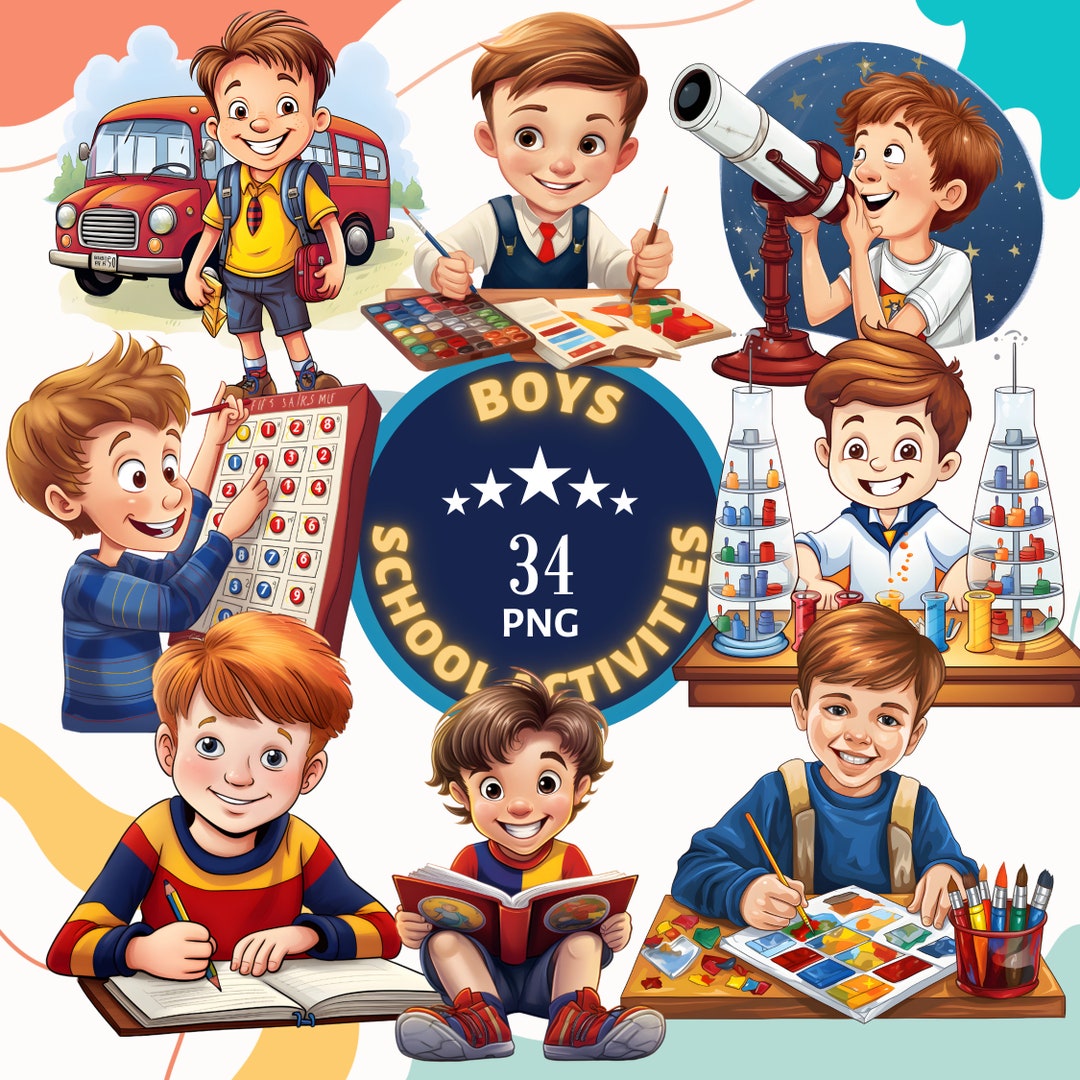 Boys School Activities Clipart Set - 34 PNG Students in Class - Cute ...