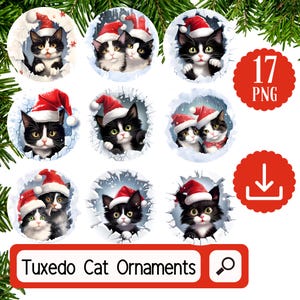 Ensemble de cliparts pour sublimation de décorations de Noël chat smoking - Lot de 17 décorations de Noël chat rondes Png - Sublimation numérique circulaire 3D