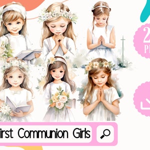 Erstkommunion für Mädchen png. Erstkommunion Clipart. Religiöse Cliparts zur Kommunion für Mädchen. Mädchen im weißen Kleid Clipart