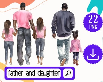 Black Father and Daughter Clipart PNG, 22 Watercolor Black Father and Girl together Clipart, Black Fathers day png, Birthday Dad Clipart.
