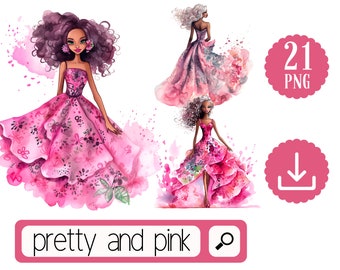 Pretty Black Girls Pink Dress Watercolor Clipart. Cute girls.  Black  cute Dolls PNG Digital Download. Fashion Clipart.