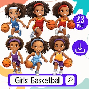 Dynamic Black Girls Basketball Clipart - 23 Energetic Athletes in Action - Black Girl Basketball png - Black Girl png - Digital Art Download