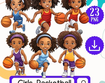 Dynamic Black Girls Basketball Clipart - 23 Energetic Athletes in Action - Black Girl Basketball png - Black Girl png - Digital Art Download
