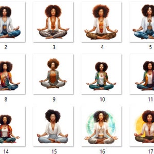 May include: A digital illustration featuring 17 different women meditating in a variety of poses. Each woman has dark skin, curly hair, and is wearing different clothing. The background is white.