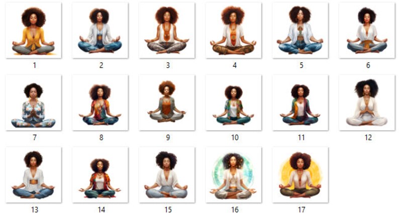 May include: A digital illustration featuring 17 different women meditating in a variety of poses. Each woman has dark skin, curly hair, and is wearing different clothing. The background is white.