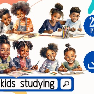 Black Kids Studying Clipart PNG Bundle. 23 Kids Children Clipart Studying and doing class work Digital Download