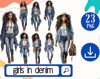 Black Girls in Denim Fashion Clipart. 23 African American Woman in Denim City Clothes. Black women clipart.