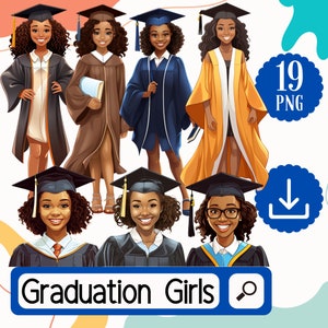 Graduierung Mädchen Clipart. 19 PNG Grafiken zur Graduierung des schwarzen Mädchens. High School Abschluss African American Girls Digital Download