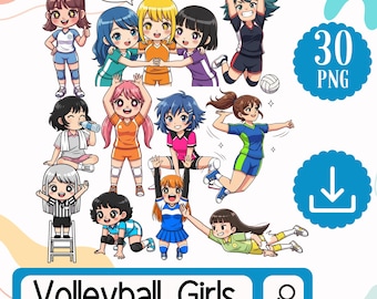 Girls Volleyball Clipart Bundle PNG | Cute Anime Volleyball Girls Illustrations | Volleyball Team Clip Art for Sublimation & Stickers