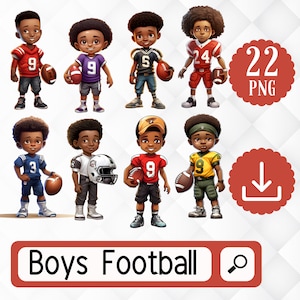 黒人少年のフットボール クリップアート。22 フットボール選手のアフリカ系アメリカ人少年 PNG。クラフト用のフットボール クリップアート デザイン。デジタル ダウンロード