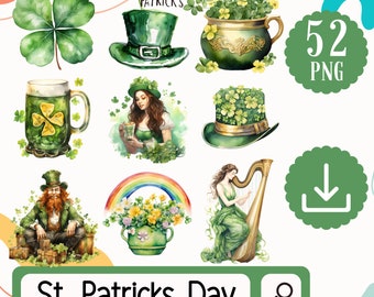 Saint Patrick's Day Clipart Set. 52 PNG Watercolor Saint Patrick's Day Design Elements. Festive St. Patrick's Day graphics Digital Download
