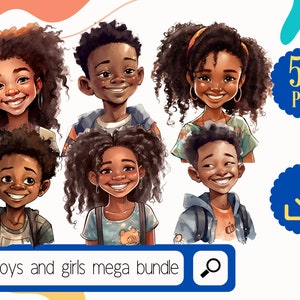 Schwarze Kinder Clipart 50 PNG Bundle, 25 schwarze Mädchen, 25 schwarze Jungen, 50 einzigartige schwarze Hautfarbe Kinder, Afro Kinder Aquarell png, digitaler Download