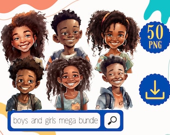 Black Kids Clipart 50 PNG Bundle, 25 Black Girls, 25 Black Boys, 50 unique Black Skin tone Kids, Afro kids watercolor png, Digital Download