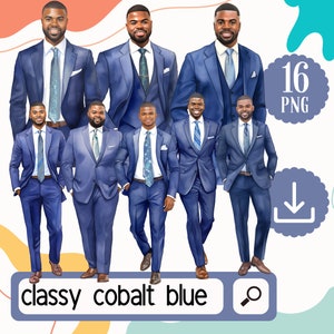 Klassische schwarze Männer in Kobalt-Blau Clipart. 32 afroamerikanische Männer in Anzug Mode PNG. Schwarzer Mann im Smoking PNG