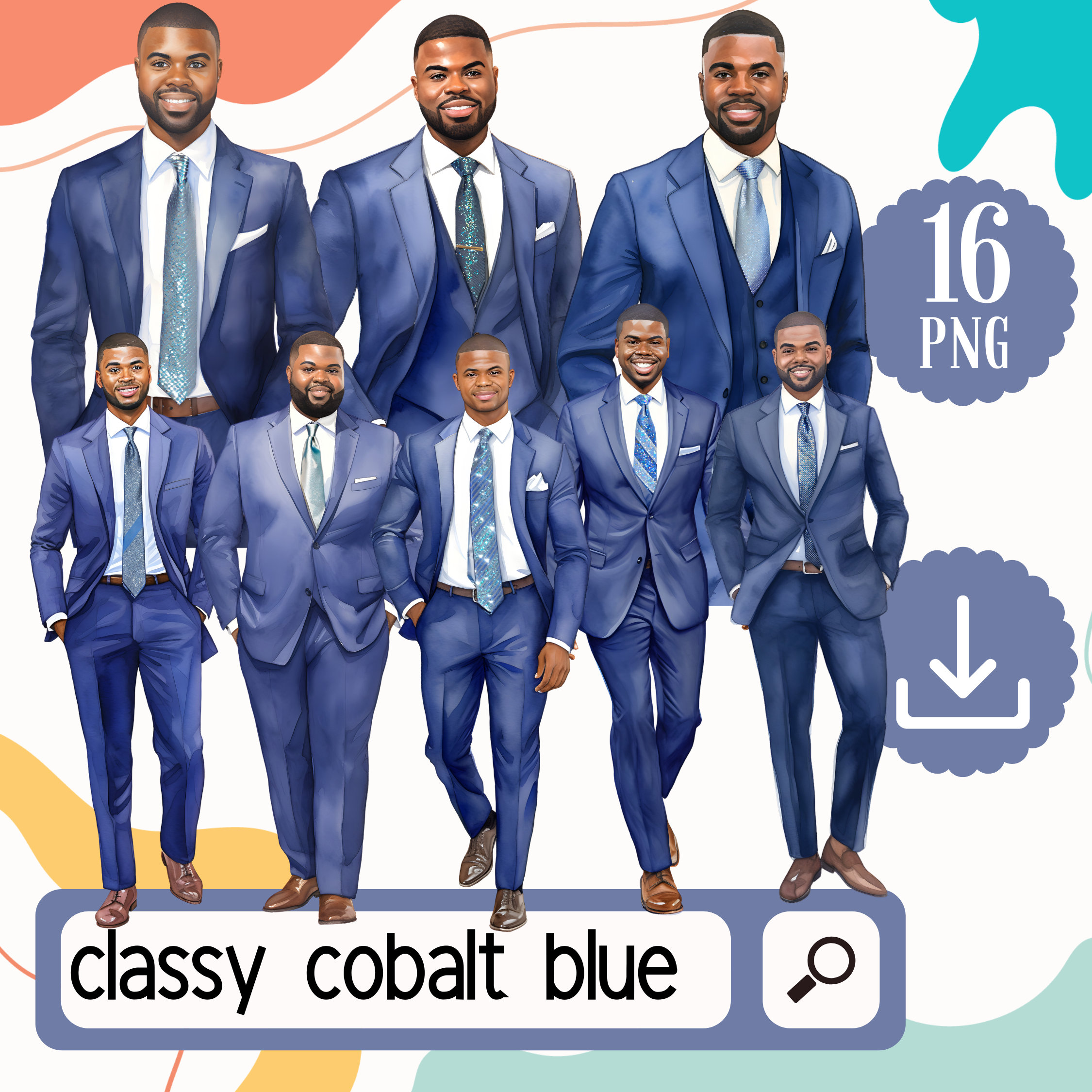 Classy Black Men in Cobalt Blue Clipart. 32 African American Men in Suit Fashion PNG. Black Man wearing Tuxedo PNG