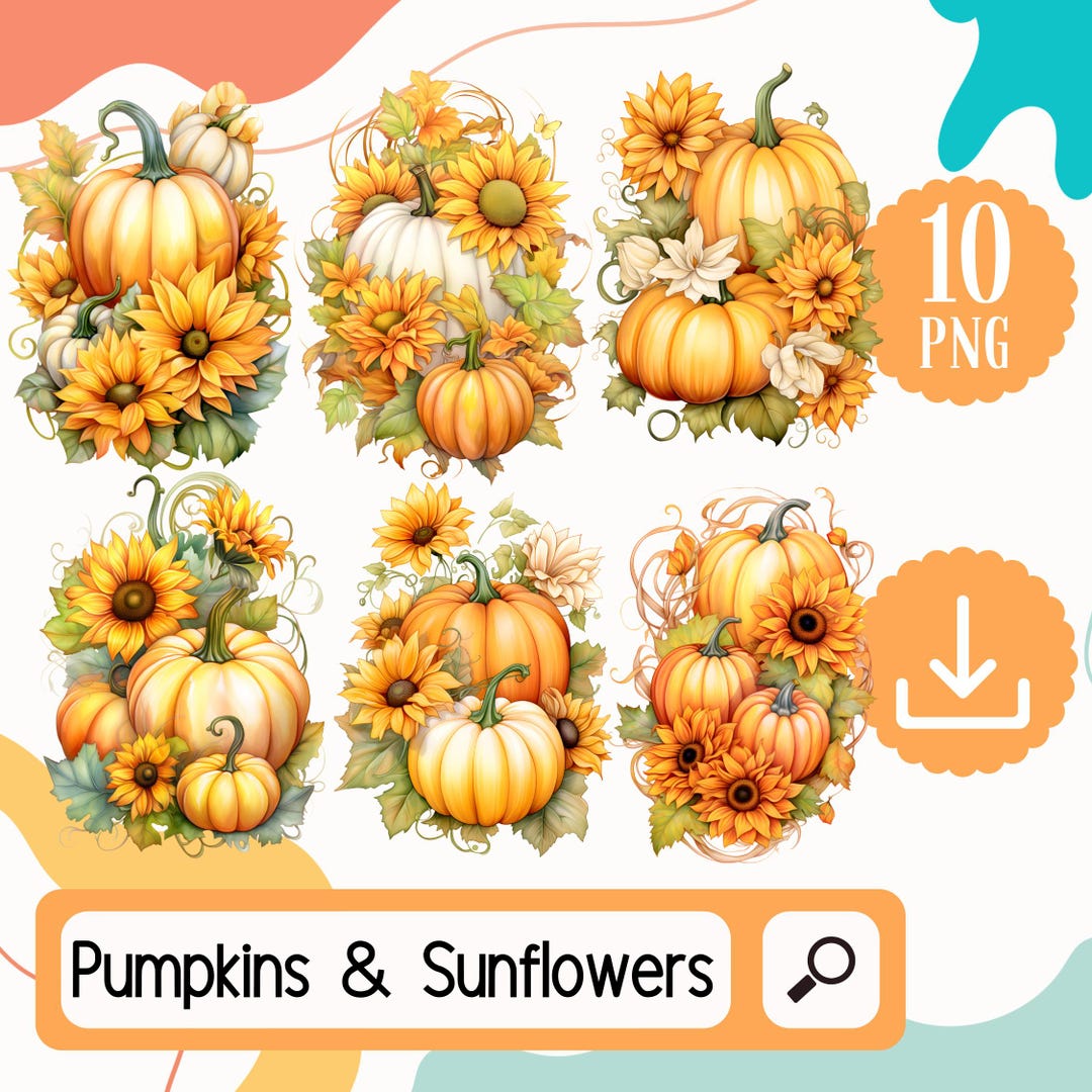 Pumpkins and Sunflowers Clipart Set. 10 PNG Autumn Fall Sunflower ...