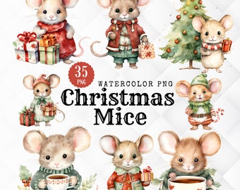 Watercolor Christmas Mice Clipart. 35 Christmas Mice PNG. Cute Watercolor Mouse for Winter Junk Journals Invitations Sublimation and Cards
