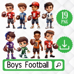 Boys Mixed Football Clipart. 19 Football player kids PNG. Football Clipart Designs for crafting. Digital Download