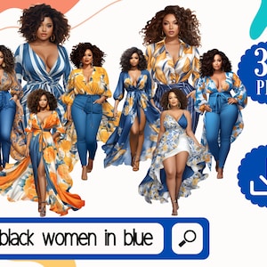 Moda Clipart Mulheres Negras png. 30 lindas mulheres afro-americanas curvilíneas em cores azuis. Meninas em vestido de verão png