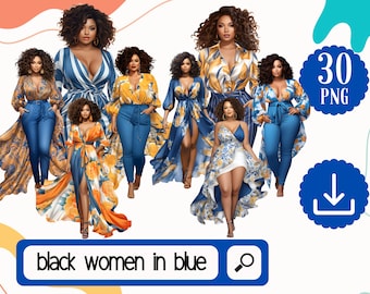 Fashion Clipart Black Women png. 30 Beautiful Curvy African American Women in Blue Colors. Girls in Summer Dress png