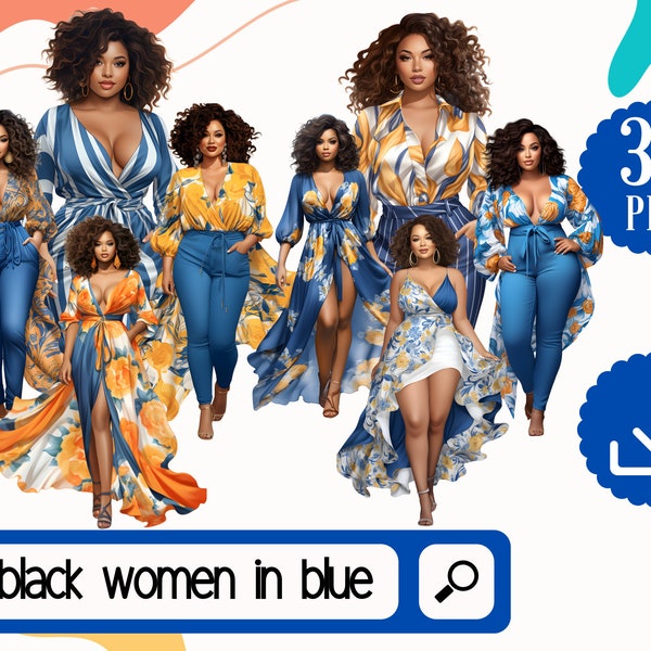 Mode Clipart Schwarze Frauen png. 30 schöne kurvige afroamerikanische Frauen in blauen Farben. Mädchen im Sommerkleid png