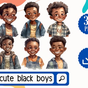Schwarze Jungen Kinder Clipart PNG Bundle, 30 schwarze Jungen, einzigartige schwarze Hautfarbe Kinder, Afro Kinder Aquarell png, digitaler Download