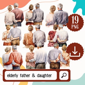Padre anziano dell'acquerello e sua figlia anziana, clipart per la festa del papà - 19 PNG padre da dietro, set padre figlia