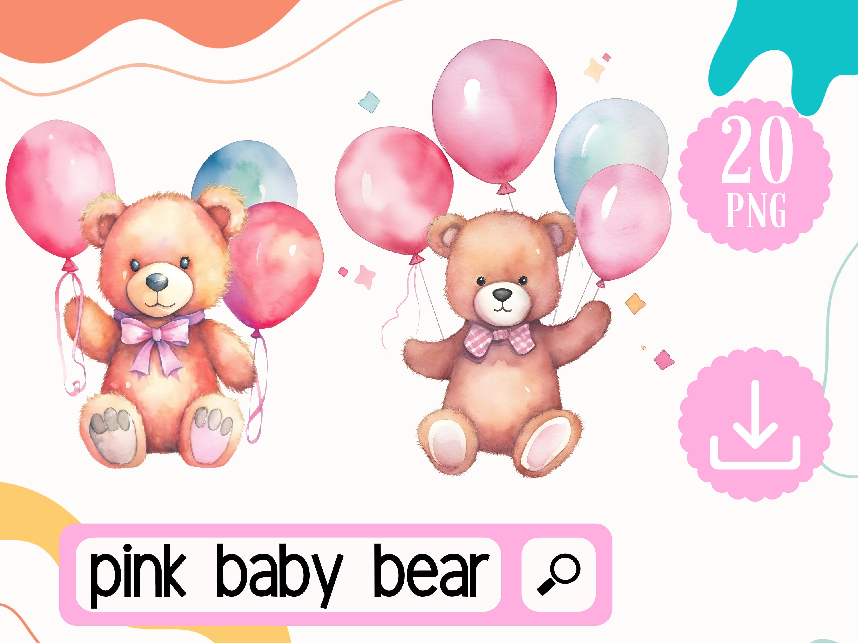 Pink Baby Bear Clipart PNG, Girl Teddy Bear With Pink Balloons Clipart ...
