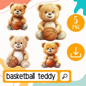 Osito de peluche de baloncesto (imagen PNG). Osito de peluche deportivo en acuarela. Paquete de 5 ositos de peluche con temática de baloncesto, descarga digital por sublimación.