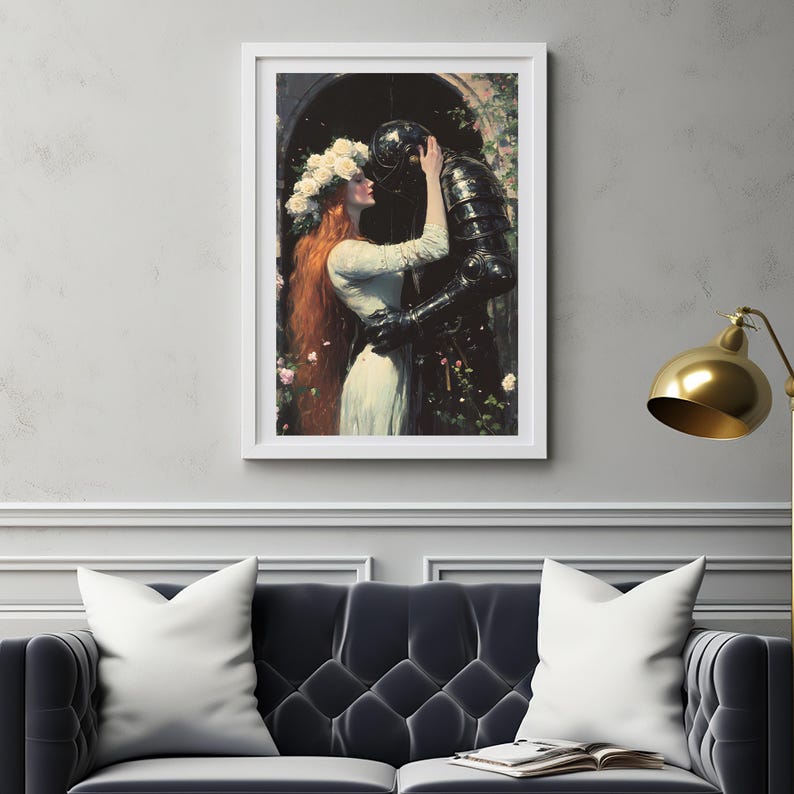 May include: A framed painting of a woman in a white dress with a wreath of white flowers in her hair, embracing a knight in black armor. The painting is set against a backdrop of a garden with roses.