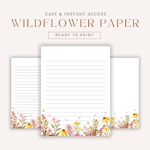 Papel rayado imprimible con flores silvestres. Hermoso papel para escribir con motivos florales en acuarela, descarga digital en formato PDF, papel para cartas. Papel que inspira