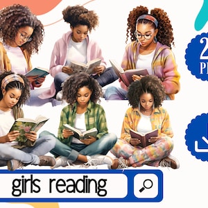 Zwarte meisjes lezen boeken clipart. 21 PNG Boekenwurm Black Girls png. Aquarel zwarte meisjes png digitale download