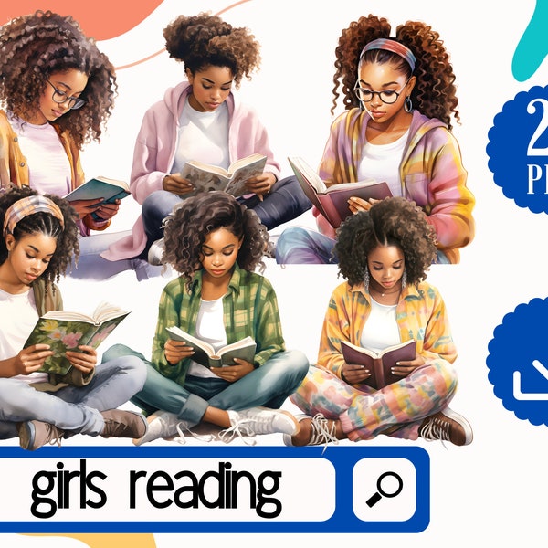 Black Girls reading Books Clipart. 21 PNG Bookworm Black Girls png. Watercolor Black Girls png Digital Download