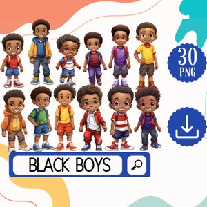 Incantevole collezione di clipart per ragazzi neri - 30 ragazzi afroamericani PNG - illustrazioni divertenti per il primo giorno di scuola - download digitale