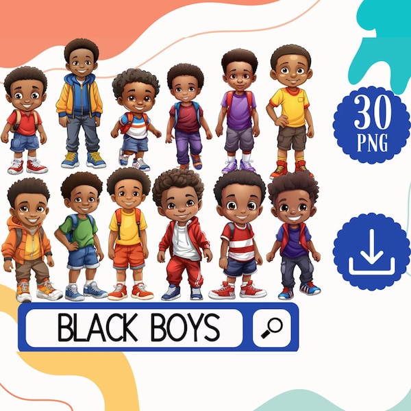 Enchanting Collection of Black Boys Clipart - 30 African American Boys PNG - First Day of School Fun Illustrations - Digital Download