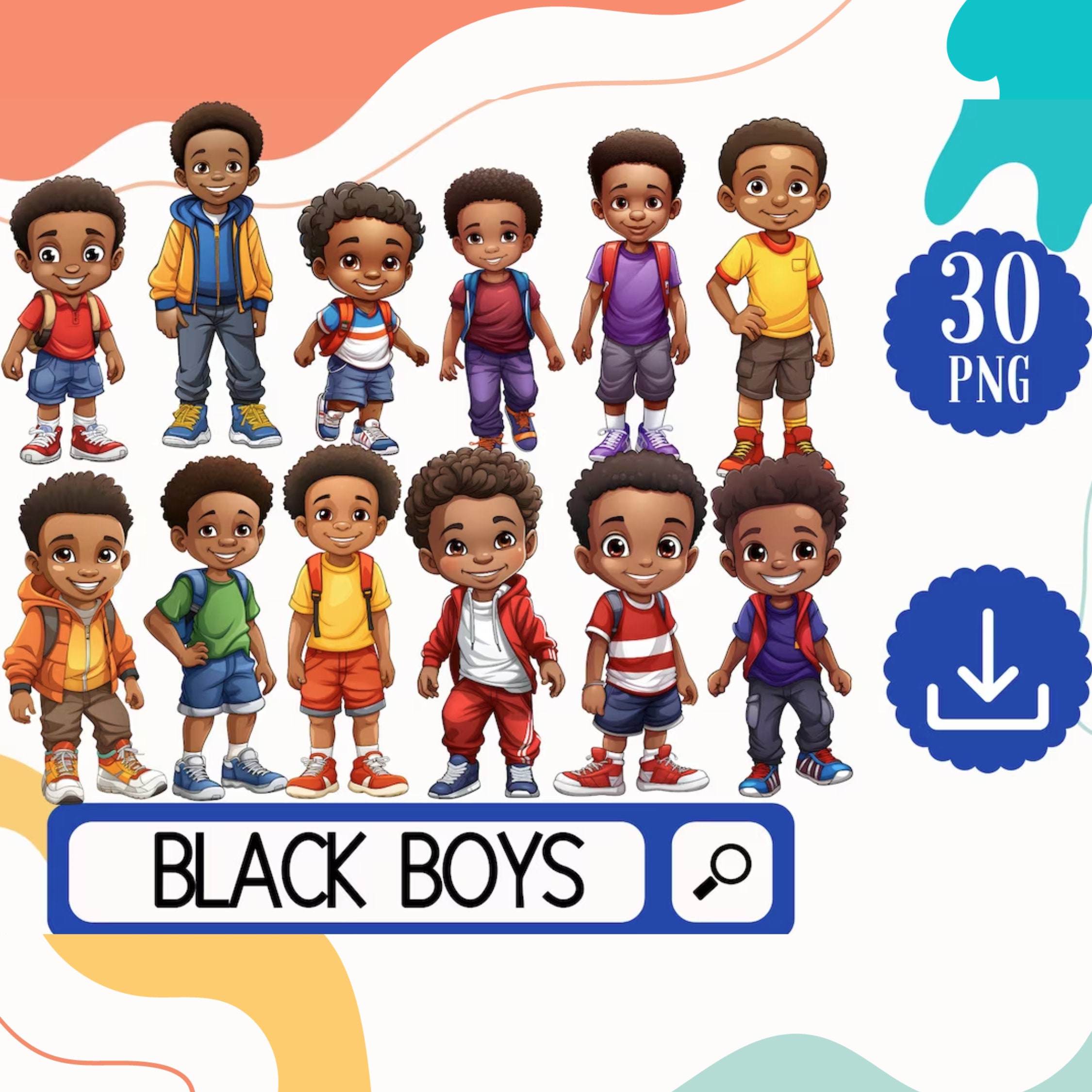 Enchanting Collection of Black Boys Clipart - 30 African American Boys PNG - First Day of School Fun Illustrations - Digital Download