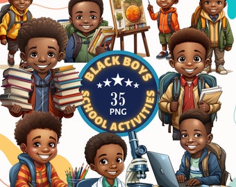 Black Boys School Activities Clipart Set - 35 PNG Black Students in Class -  Black Kids Back to School - Classroom Decor - School Project