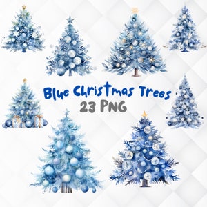 Watercolor Blue Christmas Tree Clipart. 23 PNG Decorated Christmas New Year Trees. Christmas trees Print and Sublimation Digital Download