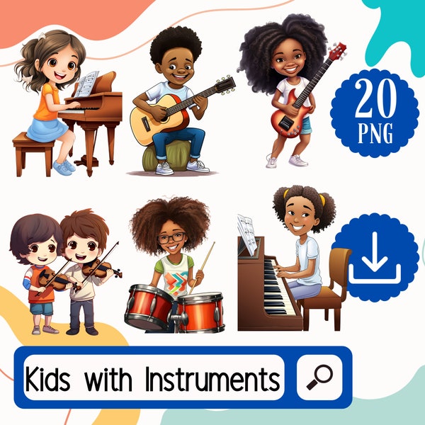 School Kids with Music Instruments Clipart Set - 20 PNG Kids playing Music Instruments. Cute and Vibrant Musical Graphics Digital Download