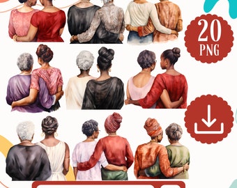 Watercolor Black Elderly Mother and her Daughter  Black Mothers Day Clipart - 20 PNG Black Mother from Behind Clipart, Mother Daughter Set