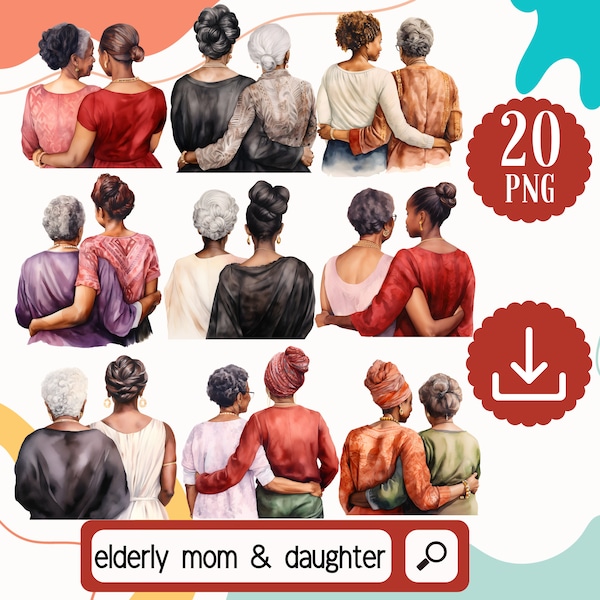 Watercolor Black Elderly Mother and her Daughter  Black Mothers Day Clipart - 20 PNG Black Mother from Behind Clipart, Mother Daughter Set