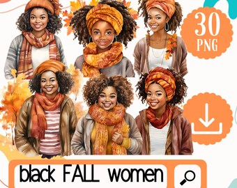 Watercolor FALL Autumn black girl clipart, 30 African American Women PNG, Woman Illustrations, Fashion girl clipart