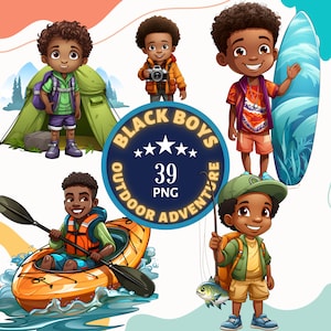 Pacote de clipart de aventura ao ar livre para meninos negros. 39 PNG Black Boys em diversas atividades ao ar livre fofas e divertidas. Meninos pescando, acampando, brincando