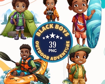 Black Boys Outdoor Adventure Clipart Bundle. 39 PNG Black Boys in various cute and fun outdoor activities. Boys Fishing, Camping, Playing