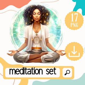 May include: A woman meditates in a lotus position with her eyes closed. She is wearing a white shirt, a gold necklace, and a brown belt. She is surrounded by a glowing orb with a blue and green pattern. The image is part of a meditation set.