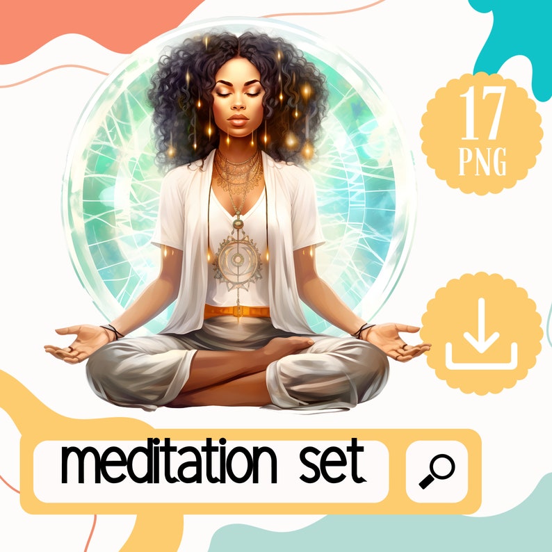 May include: A woman meditates in a lotus position with her eyes closed. She is wearing a white shirt, a gold necklace, and a brown belt. She is surrounded by a glowing orb with a blue and green pattern. The image is part of a meditation set.
