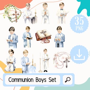 Jungen Erstkommunion png. Erstkommunion Clipart. Religiöse Cliparts zur Kommunion für Jungen. 35 PNG-Clipart-Set für religiöse Kommunion für Jungen