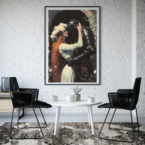 May include: A painting of a woman in a white dress with a flower crown embracing a man in black armor. The painting is set in a garden with flowers and greenery.