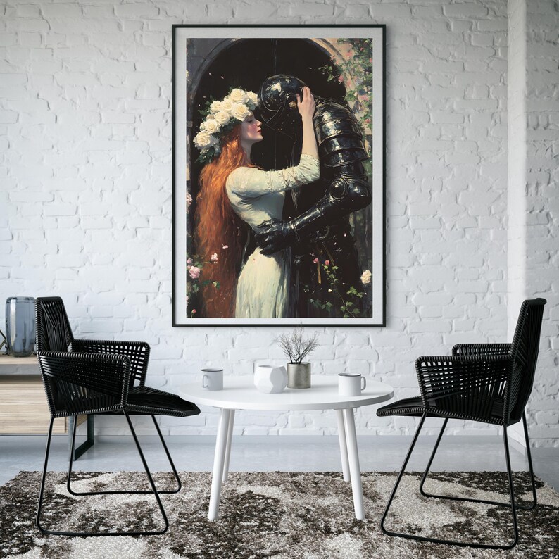 May include: A painting of a woman in a white dress with a flower crown embracing a man in black armor. The painting is set in a garden with flowers and greenery.